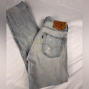 Levi's 501 150th Edition Light Blue Distressed Jeans Embroidered Patches Rare